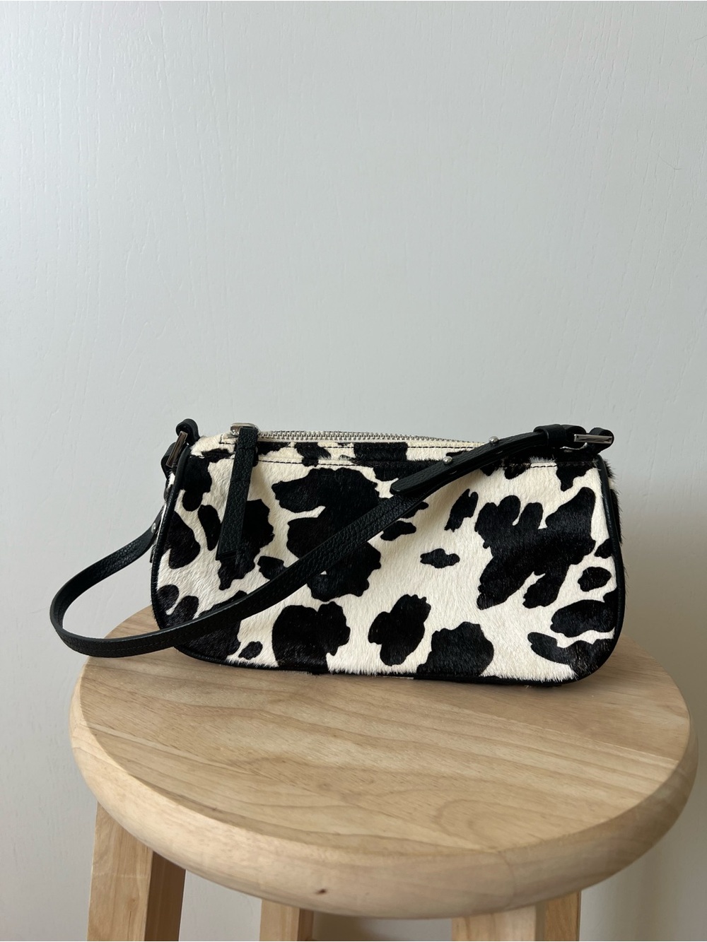 Black & White Cow Print Leather Shoulder Bag - Picture 2 of 5